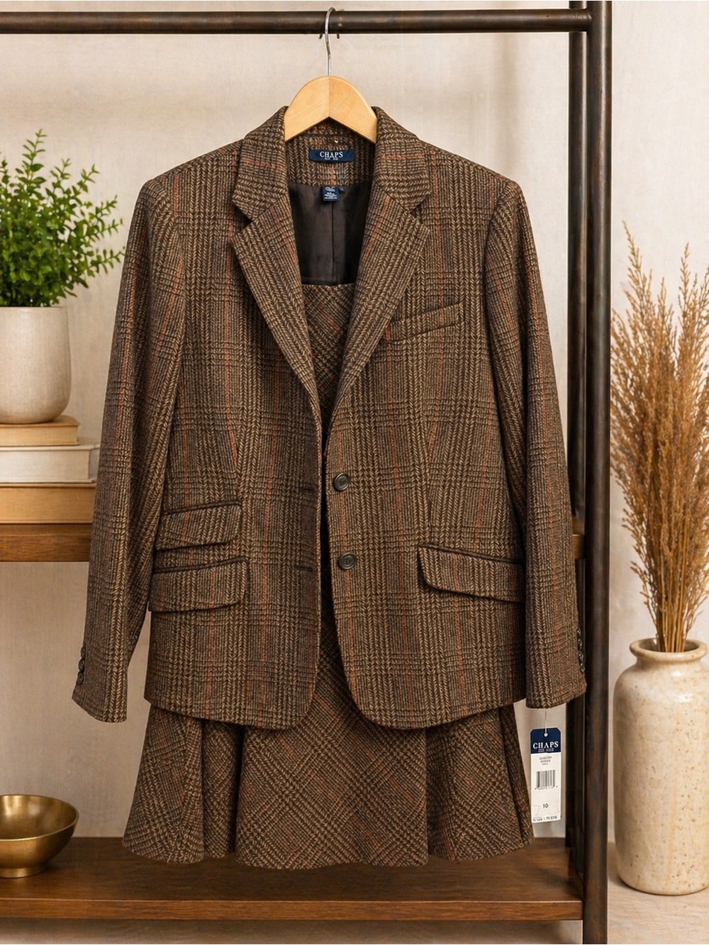 Women’s Chaps Wool Blend Plaid Blazer Skirt Set Size 10 Brown